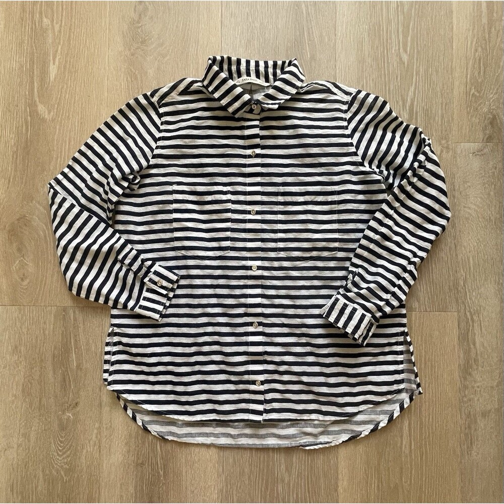 Zara Basics Linen Blend Striped Shirt Women’s Large Navy White Button Down